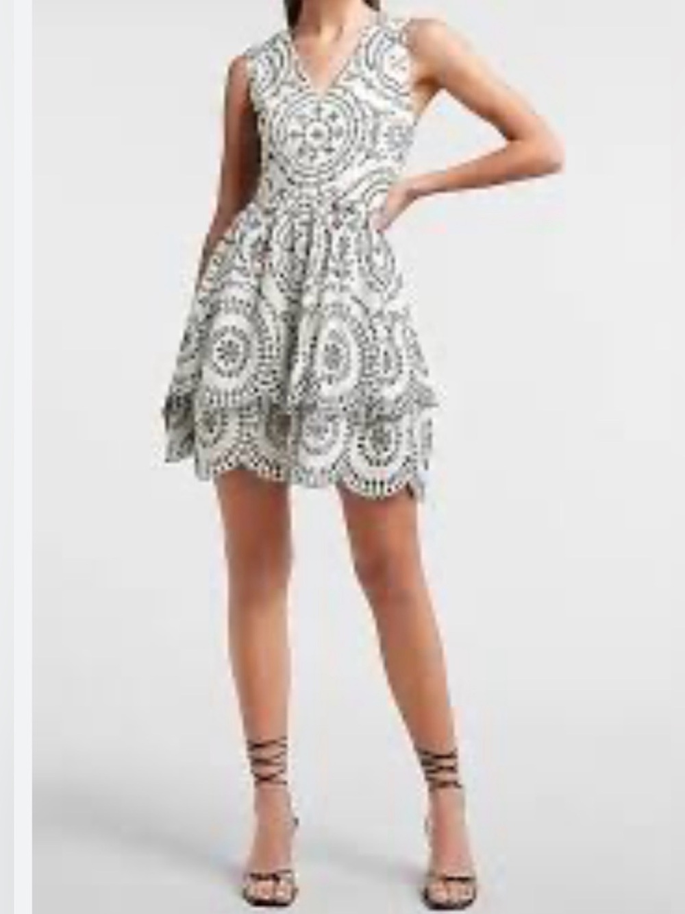 Express Cream Dress with Black Embroidered Medallion Pattern